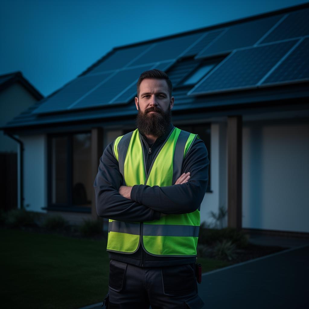 UK trade professional standing in front of a modern home